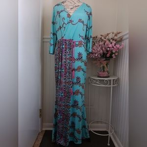 Auditions Turquoise Maxi Dress with Pink & Purple Paisley Print